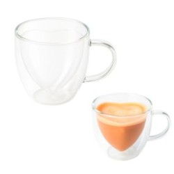 TAZA DE VIDRIO CON DOBLE PARED EN FORMA DE CORAZÓN.