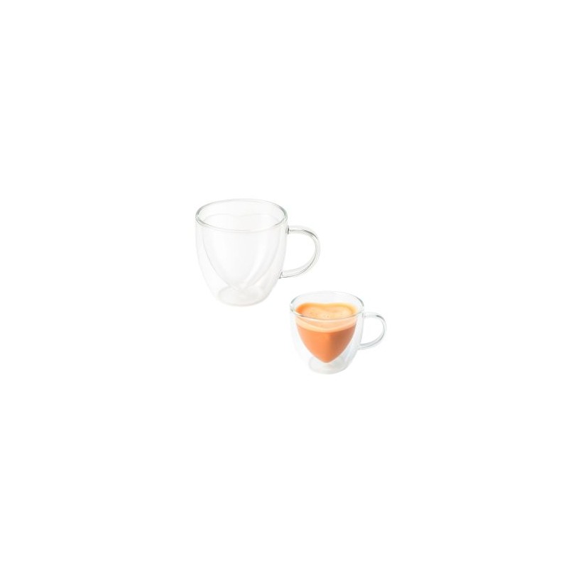 TAZA DE VIDRIO CON DOBLE PARED EN FORMA DE CORAZÓN.