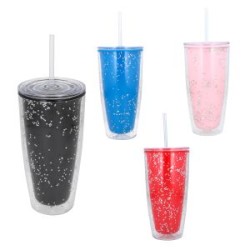 Vaso con doble pared de plástico con tapa y popote