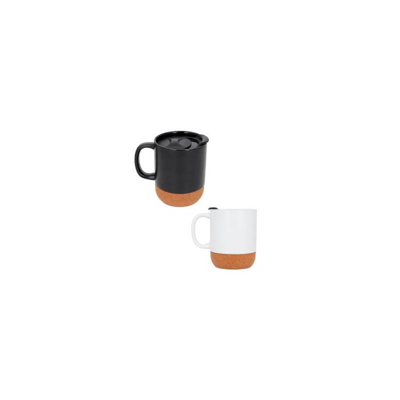 Taza de cerámica con base de corcho, tapa y asa