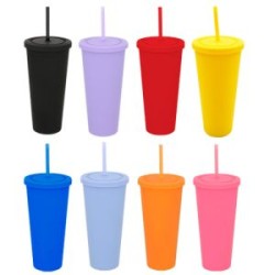 Termo plástico doble pared, tapa enroscable, popote, acabado rubber