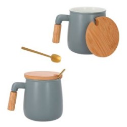 TAZA DE CERAMICA CON TAPA DE BAMBU  360 ml