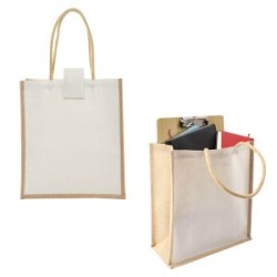 BOLSA DE LONETA LAMINADA CON YUTE, CIERRE DE VELCRO Y ASAS.