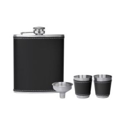Set de licorera con tapa y 2 vasos metalicos con manga de curpiel